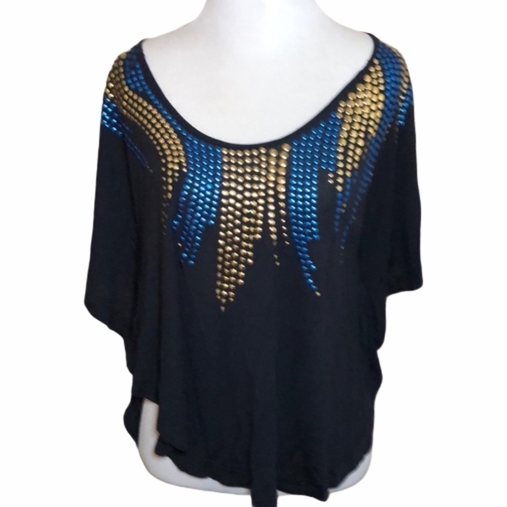 Free People Gold & Blue Studded Batwing Top SZ M